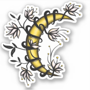 Sticker Crescent Lune Enveloppée Dans Fleurs Tatouage Styl