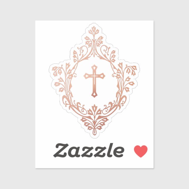 Sticker Croix en Or Rose dans Crest Élégant Religieux Vint (Feuille)