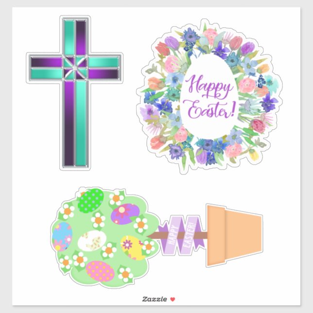 Sticker Croix Topiacée de Pâques et couronne d'oeufs flora (Feuille)
