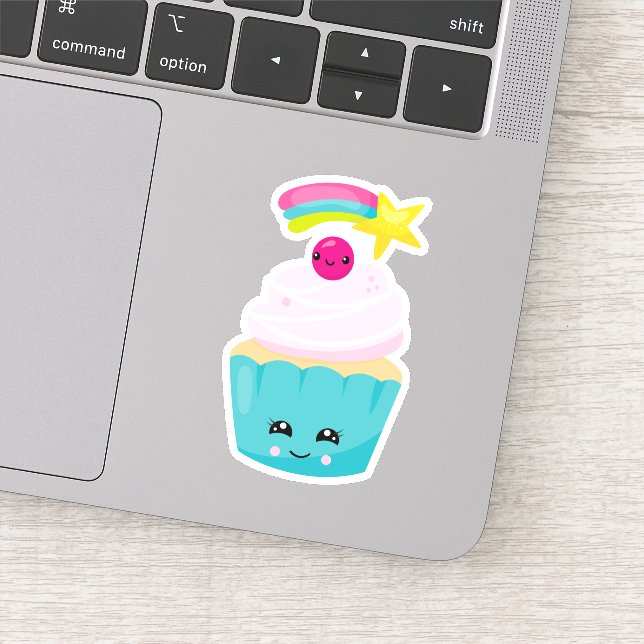 Sticker Cupcake bleu mignon avec visage Kawaii (Détail)