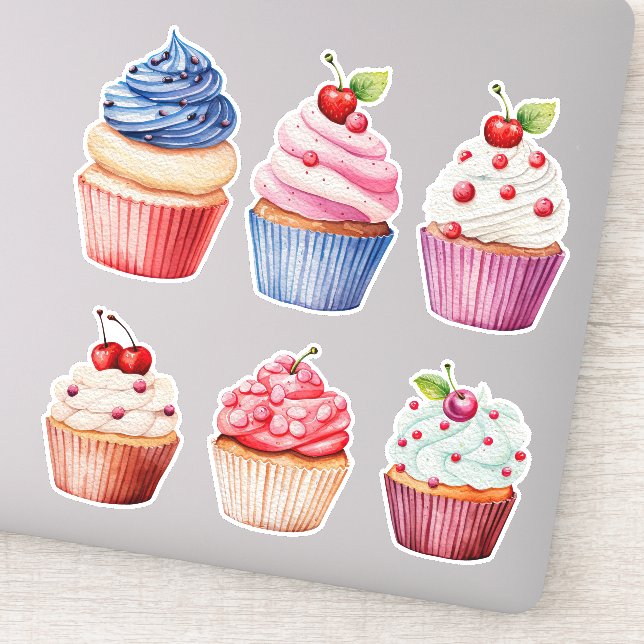 Sticker Cupcakes colorés à l'aquarelle série de 6 (Détail)