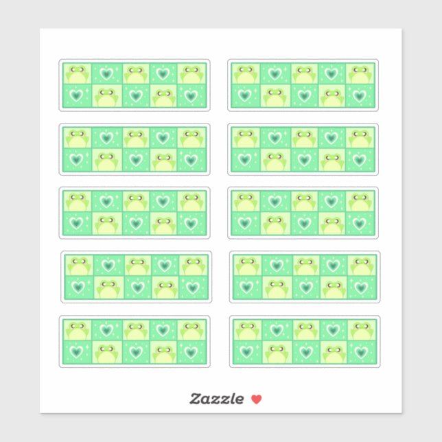 Sticker Cute À damiers Grenouille Verte Avec Coeurs Et Éti (Feuille)