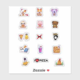 Sticker Cute Animaux Manger Pizza Feuille