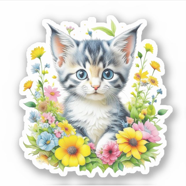 Sticker Cute Aquarelle Kitten en Fleurs (Devant)
