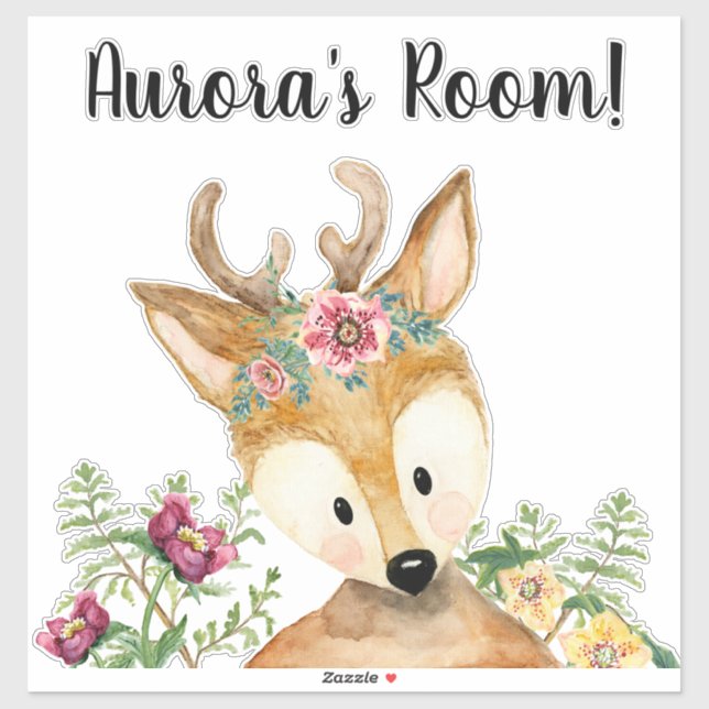 Sticker Cute Baby Deer Watercolor Boho Floral Nursery Nom (Feuille)