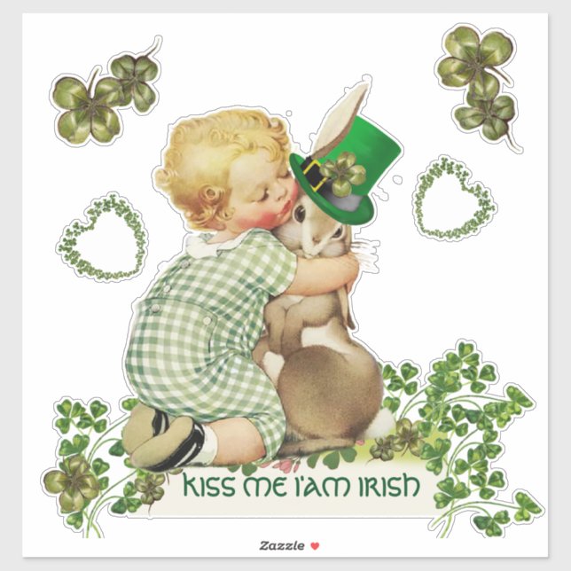 STICKER CUTE BÉBÉ HUGING RABBBIT IRLANDAIS ST. JOUR DE PAT (Feuille)
