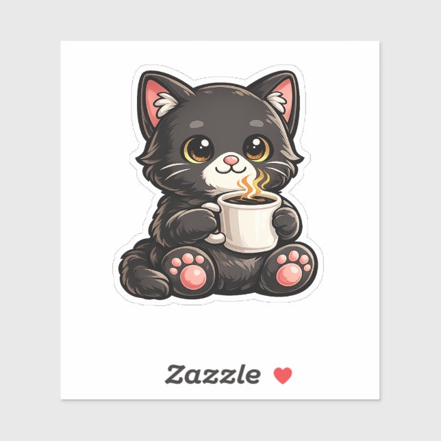 Sticker Cute Black Cat with Coffee (Feuille)