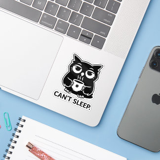 Sticker Cute Black Owl Can't Sleep Coffee Cup Illustration
