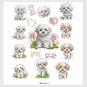 Sticker Cute Blanc et Tan Chiots Fleurs Coeurs