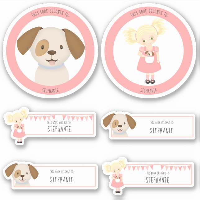 Sticker Cute Blonde Girl and Puppy Ce livre appartient à (Devant)