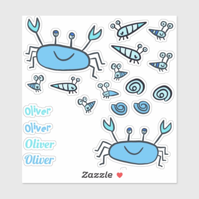 Sticker Cute Blue Crab Sea Animaux Nom du garçon (Feuille)