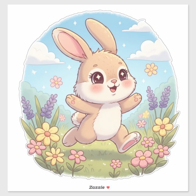 Sticker Cute Bunny Hopping in a Flower Field (Feuille)