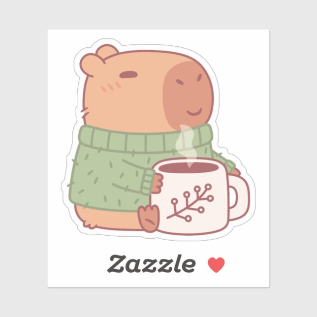 Sticker Cute Capybara En Sweat Avec Café Chaud (Feuille)