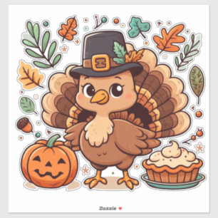 Sticker Cute caricature Thanksgiving dinde et citrouille