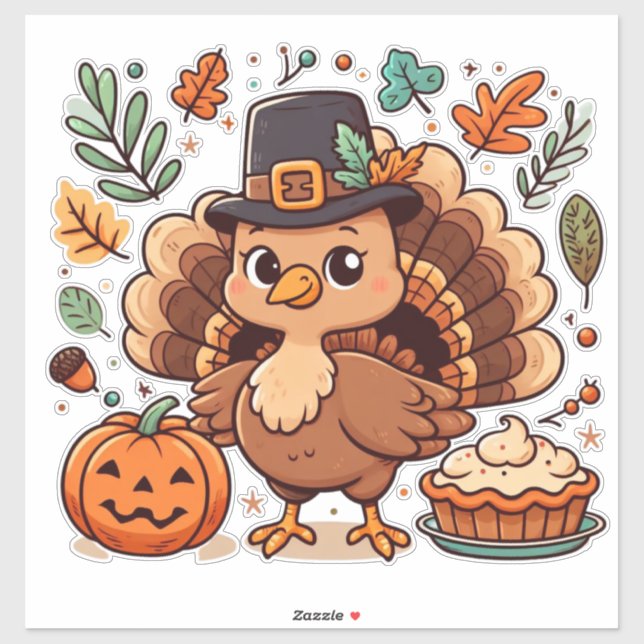 Sticker Cute caricature Thanksgiving dinde et citrouille (Feuille)