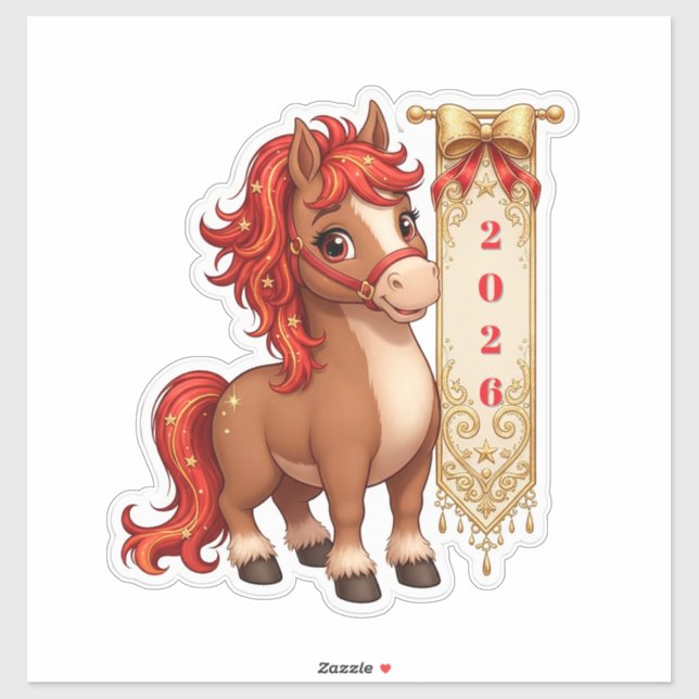 Sticker Cute Cartoon Pony With Festive Banner (Feuille)