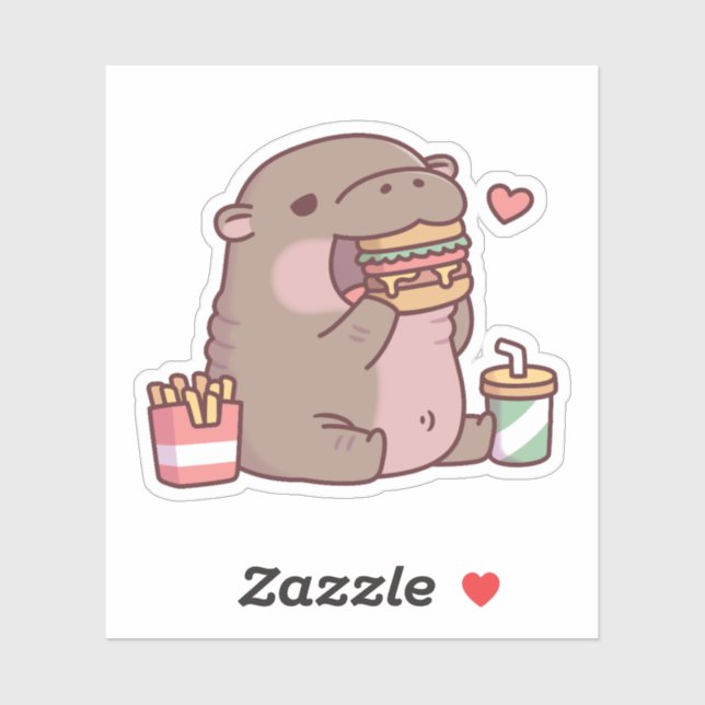 Sticker Cute Chubby Pygmy Hippo Aime Manger Burger (Feuille)