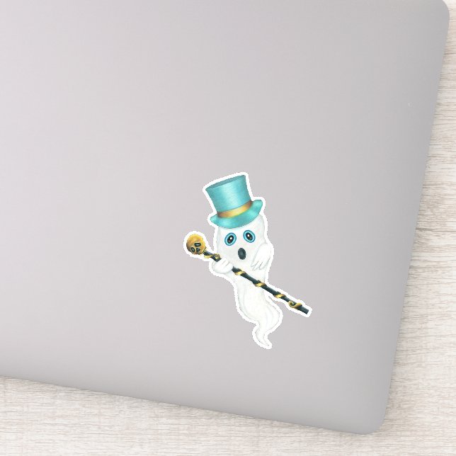 Sticker Cute Fantôme Bleu Yeux Top Chapeau tenant Crâne Ca (Détail)