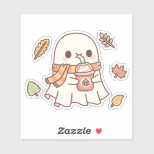 Sticker Cute Fantôme Boire Citrouille Épice Latte Automne