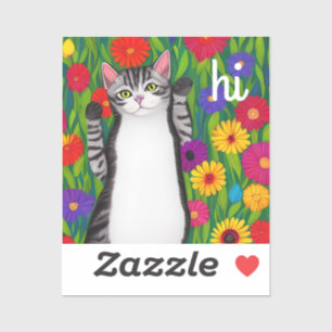 Sticker Cute Folk Art Chat disant Hi parmi les fleurs