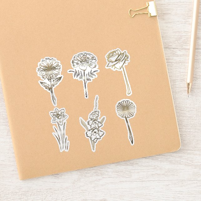 Sticker Cute Gold Abstract Flowers Drawing (Carnet)