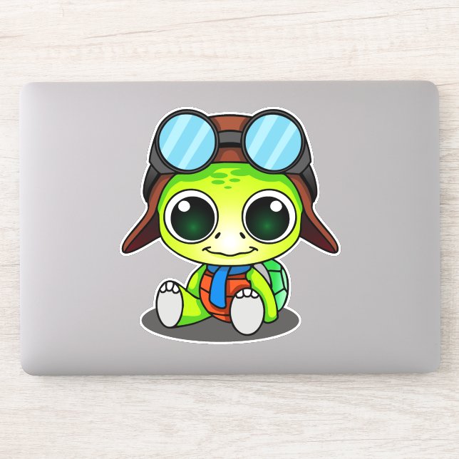 Sticker Cute Green Chibi Cartoon Turtle dans le Casquette  (Ordinateur)
