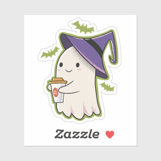 Sticker Cute Halloween Ghost avec Coffee Cup (Feuille)