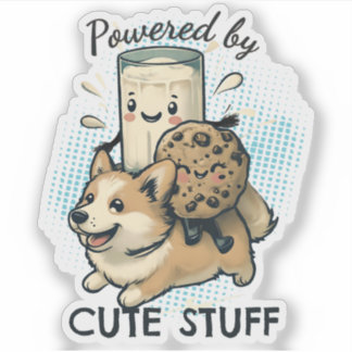 Sticker Cute happy corgi puppy milk and cookies