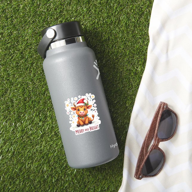 Sticker Cute Highland Baby Cow Christmas Lights Merry & Br (HydroFlask Insitu)