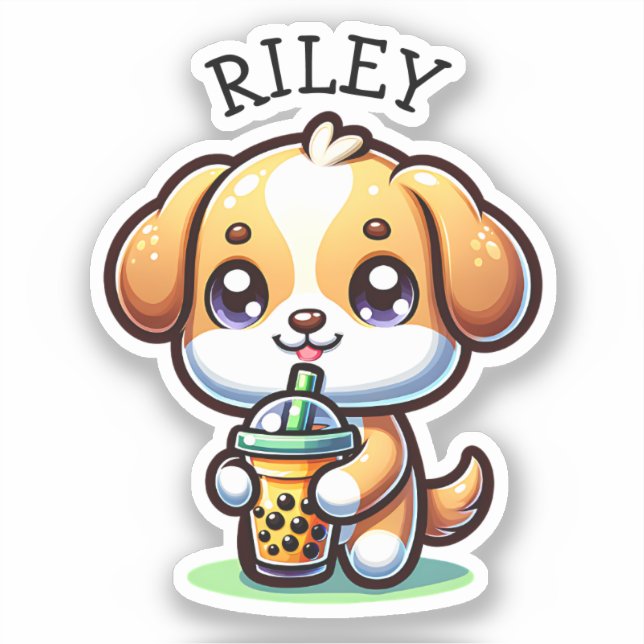 Sticker Cute Kawaii Chien chiot avec Thé à bulle Personnal (Recto)