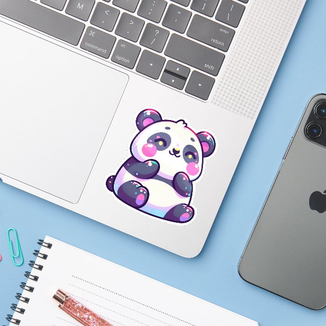 Sticker Cute Kawaii Panda avec points forts du Pastel (Ordinateur portable avec iPhone)