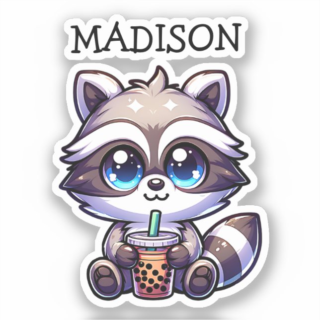 Sticker Cute Kawaii Raccoon avec thé bulle Personnalisé (Recto)