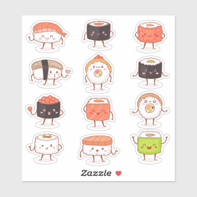 Sticker Cute Kawaii Sushi Sashimi nourriture japonaise Sti (Feuille)