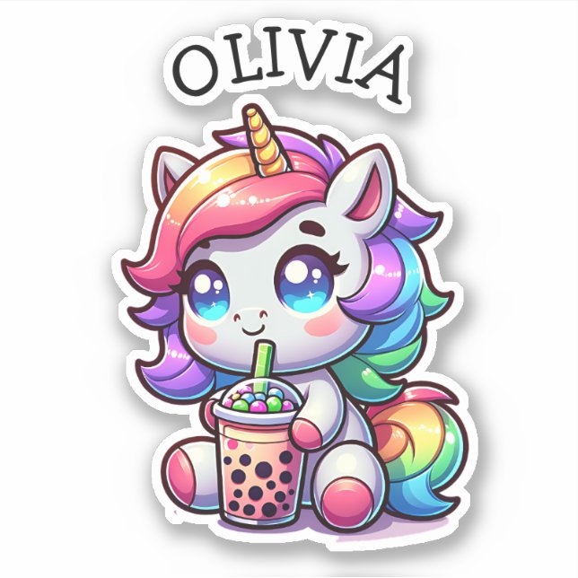 Sticker Cute Kawaii Unicorne avec thé bulle Personnalisé (Devant)