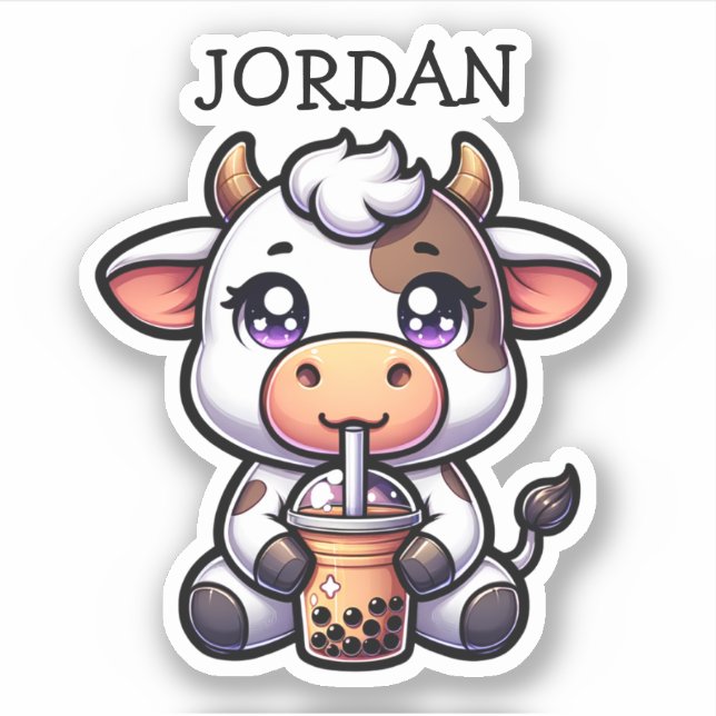 Sticker Cute Kawaii vache avec thé à bulle Personnalisé (Devant)