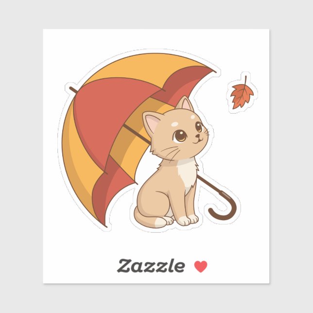 Sticker Cute Kitten Cat Red Yellow Umbrella Fall (Feuille)