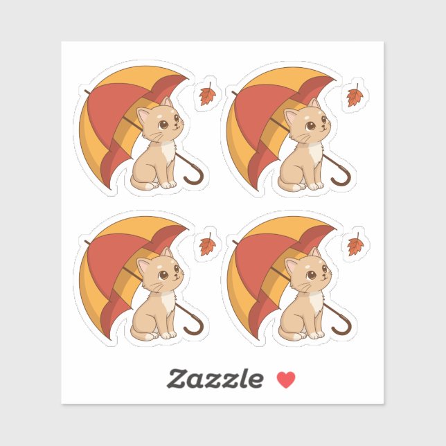 Sticker Cute Kitten Cat Red Yellow Umbrella Fall Set of 4 (Feuille)