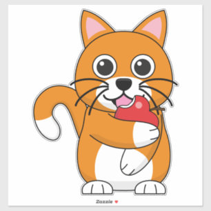 Sticker Cute Orange Blanc Chat Manger Rouge Pomme Carton