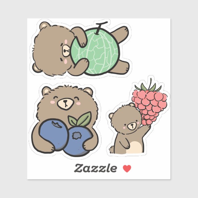 Sticker Cute Ours Brown Kawaii aux fruits (Feuille)