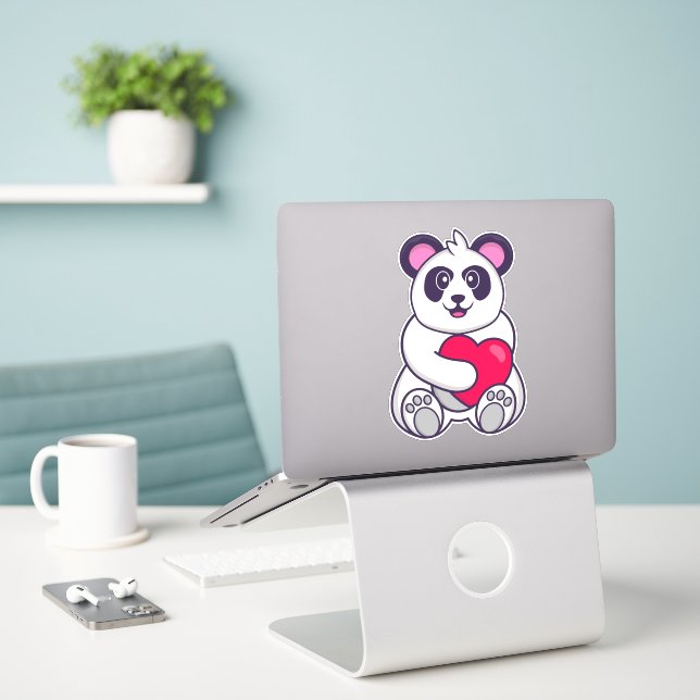 Sticker Cute Panda tenant un grand coeur rouge (Ordinateur portable sur le bureau)