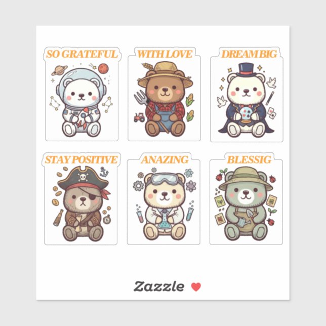 Sticker Cute Positive Bear-6 Designs-vol3 シール (Feuille)