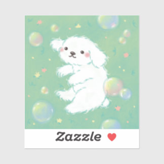 Sticker Cute Puppy with Bubbles and Flowers