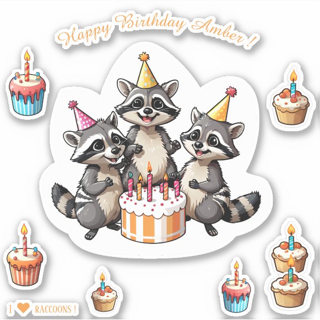 Sticker Cute Raccoons Joyeux Anniversaire Personnalisé (Devant)