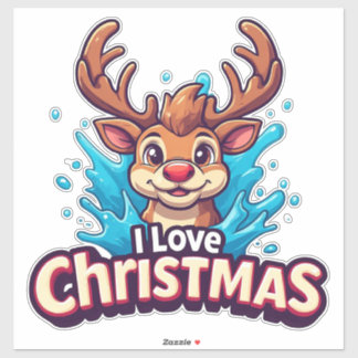 Sticker Cute Reindeer Mascot With 'I Love Christmas' Text