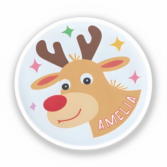 Sticker Cute Reindeer Nom de l`enfant Cadeau de Noël (Recto)