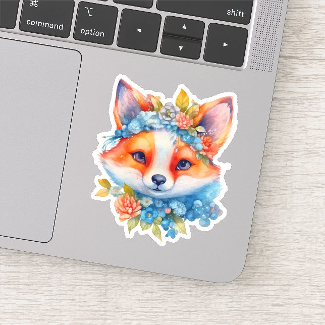 Sticker Cute Renard orange avec Couronne florale (Détail)