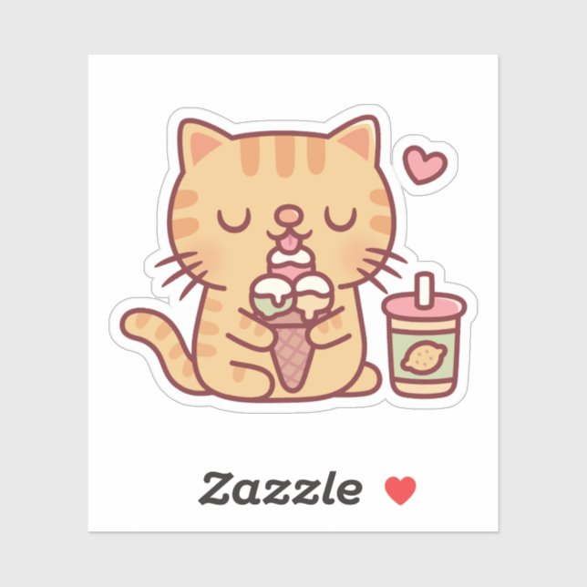 Sticker Cute Tabby Chat Aime Manger De La Crème De Glace (Feuille)