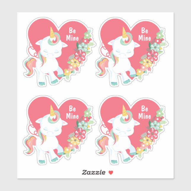 Sticker Cute Unicorn Be My Valentine Heart (Feuille)