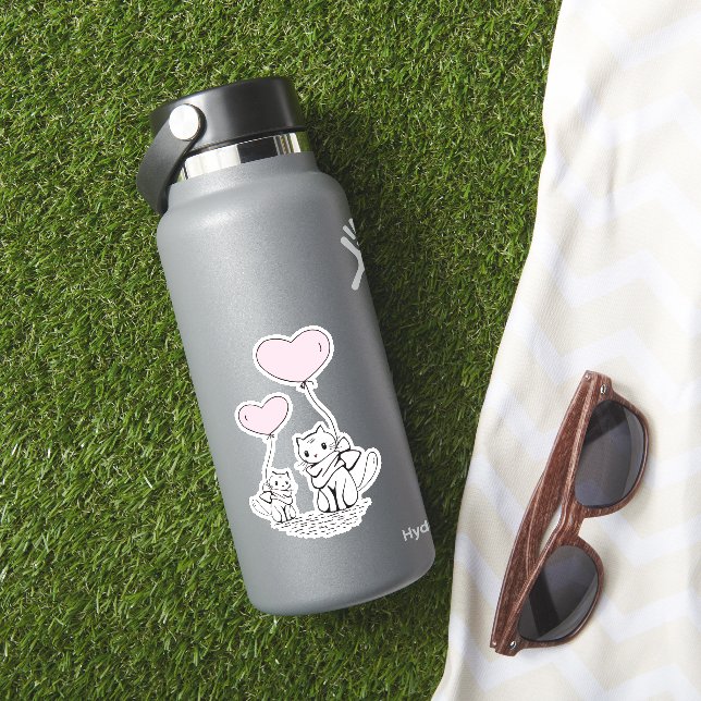 Sticker Cute Valentine's Cats Pink Heart Balloons Design (HydroFlask Insitu)