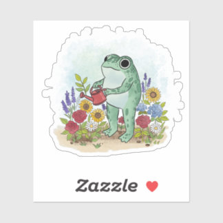 Sticker Cute Whimsical Frog In Flower Garden Illustration